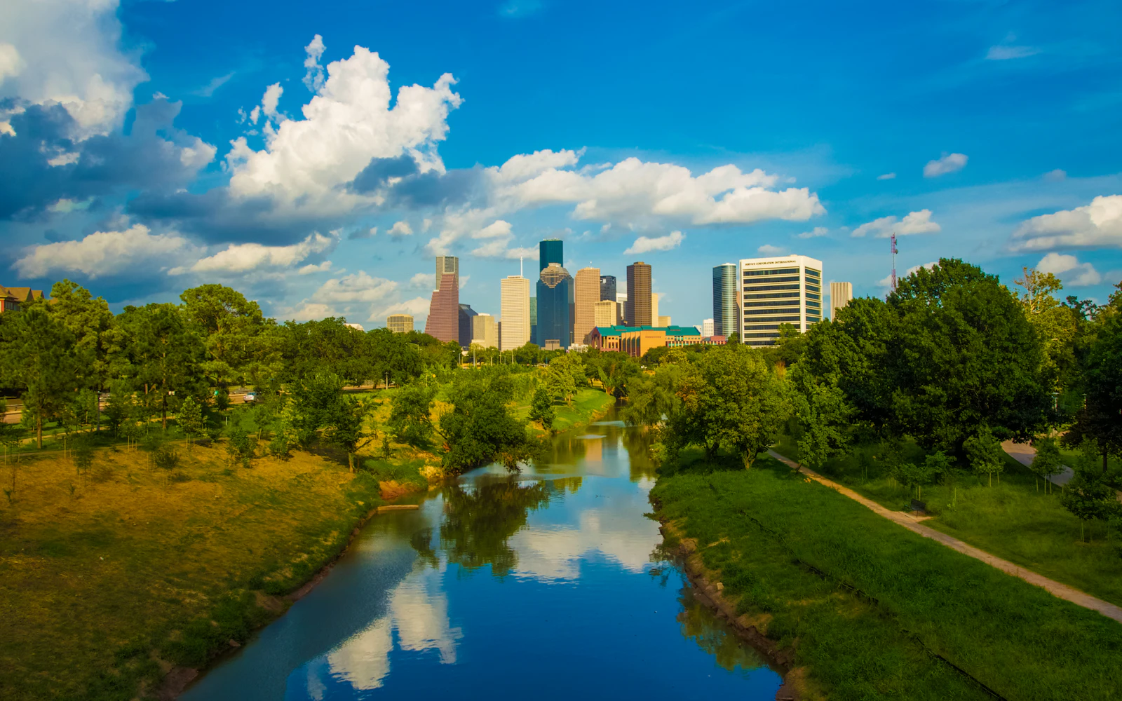 Downtown Houston skyline above Buffalo Bayou