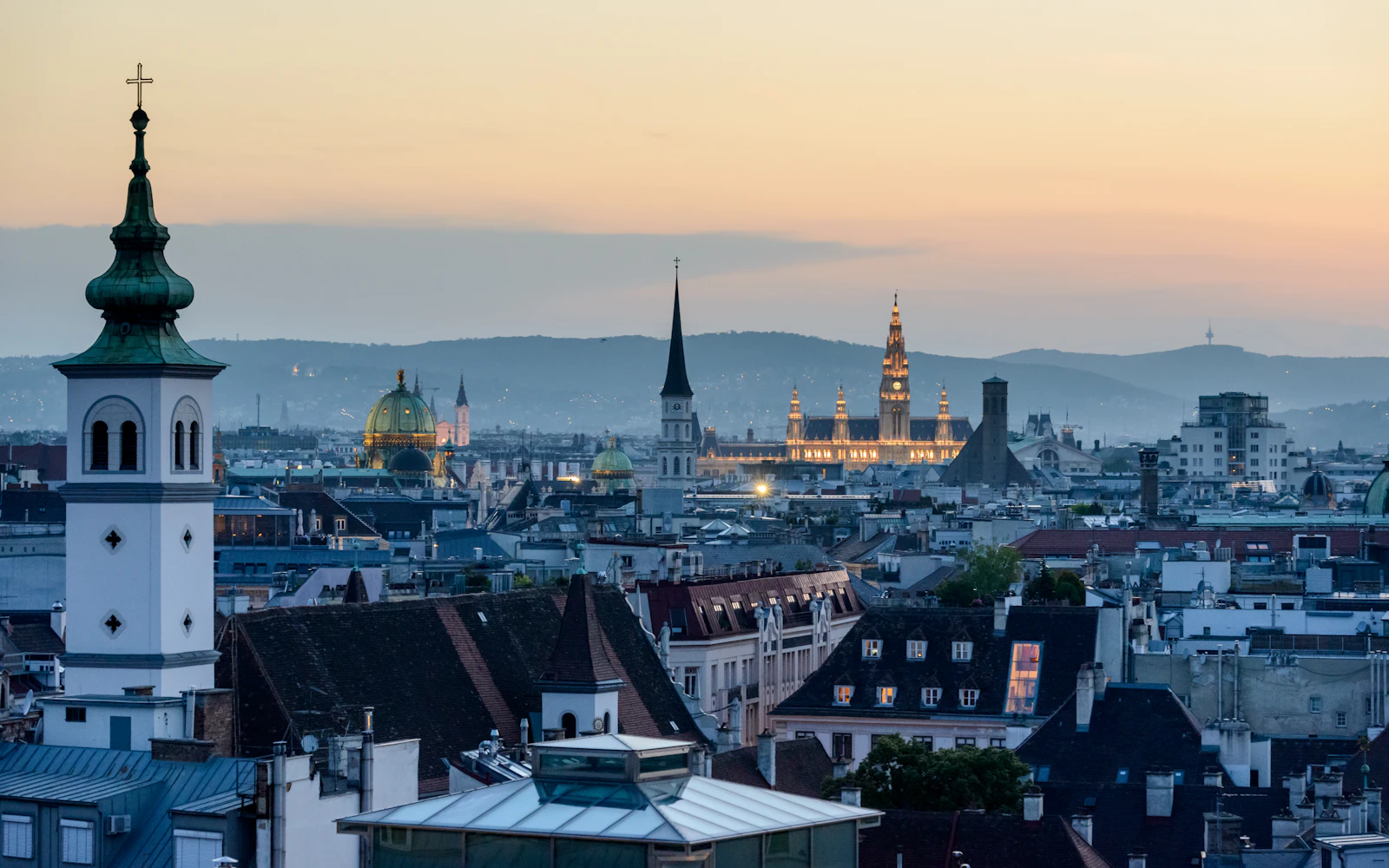 Vienna rooftops and church spires at dusk