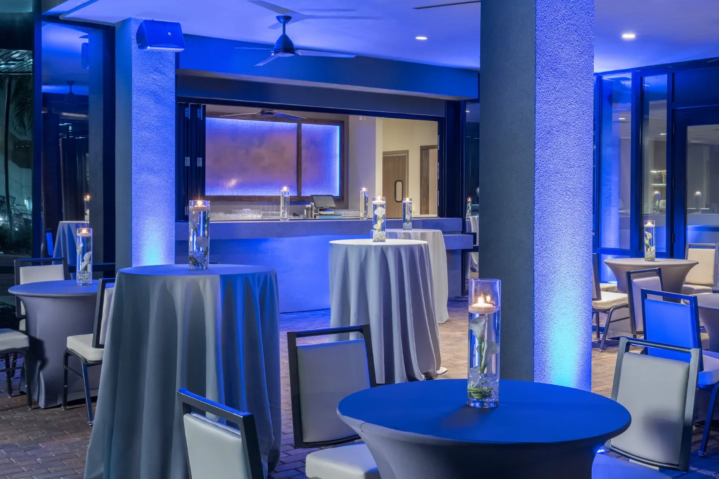 Terrace bar set up for an evening reception