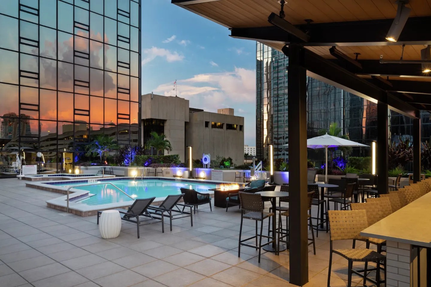 Pool area in the evening